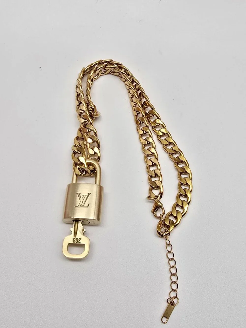 Authentic Louis Vuitgon Gold Padlock Pendant w/ Unbranded Cuban Stainless Steel